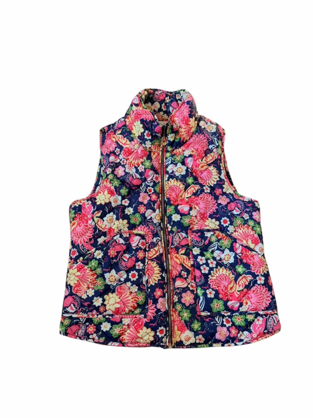 Peach Love Bright Neon Floral Quilted Puffer Vest Spring Women’s Sz Large